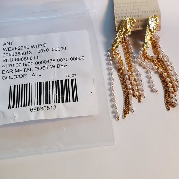 Anthropologie Brass pearl seed and chain drop earrings  NWT Gold plated brass - Picture 7 of 9